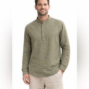 Men's Large Olive Green Hemp Cotton Casual Henley Top Yoga Long Sleeve Shirt Boh